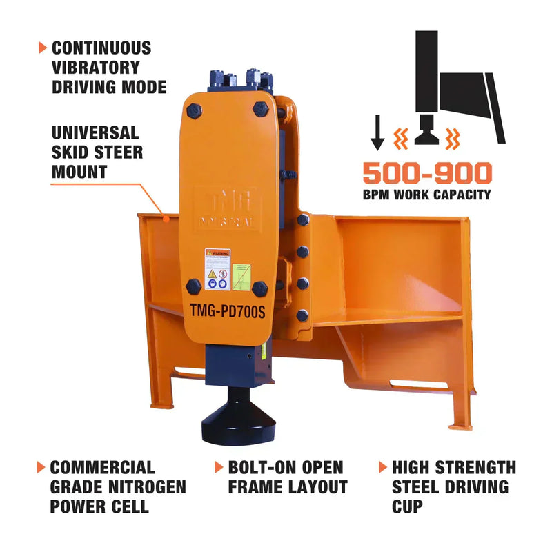 TMG Industrial Skid Steer Post Pounder, 8” Post Diameter, 700 Ft-lb Energy Class, 500-900 BPM Pounding Rate, TMG-PD700S