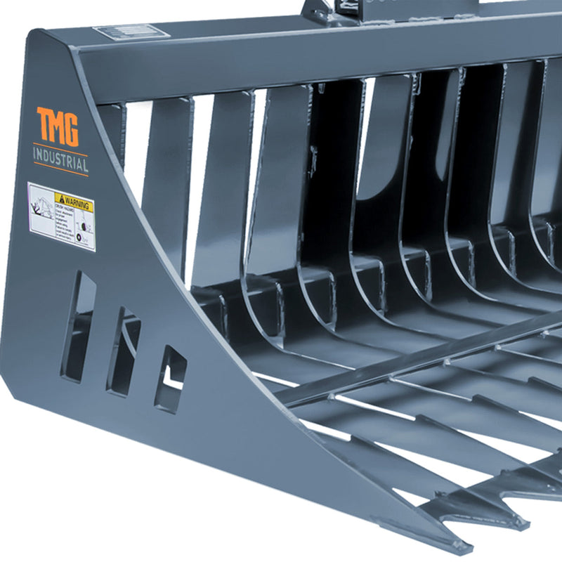 TMG Industrial 84” Skid Steer Rock Skeleton Bucket Attachment, Solid Steel, Universal Mount, 4” Tine Spacing, 45-70 HP, TMG-SB84