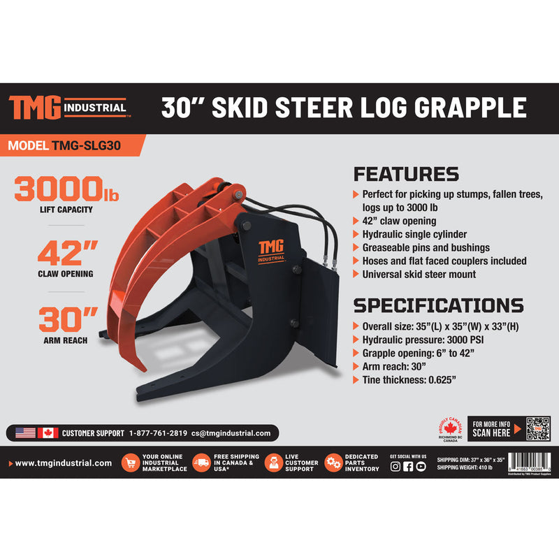 TMG Industrial 30” Skid Steer Log Grapple Attachment, 42” Claw Opening, 3000-lb Grapple Capacity, Universal Mount, TMG-SLG30