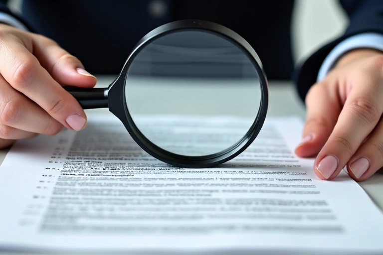 Person reading a legal document with a magnifying glass