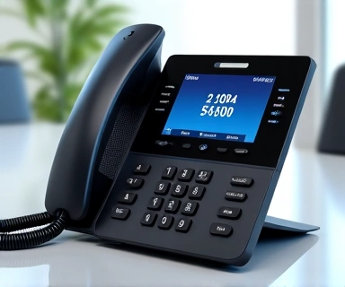 Téléphone de bureau moderne avec un écran affichant un numéro de contact
