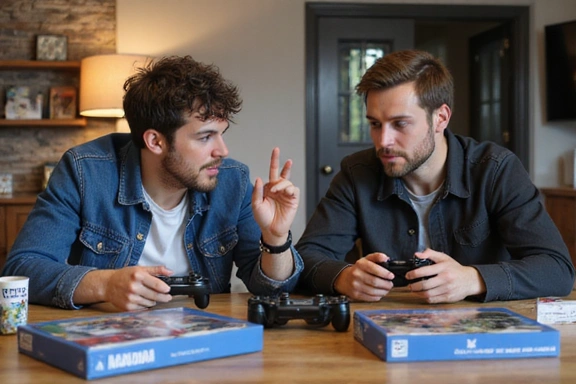 Deux personnes discutant passionnément de jeux vidéo autour d'une table avec des manettes et des boîtes de jeux.
