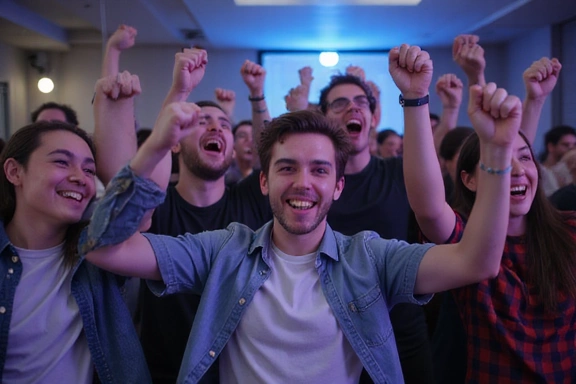 Un groupe de personnes célébrant une victoire dans un jeu vidéo, poings levés et sourires.