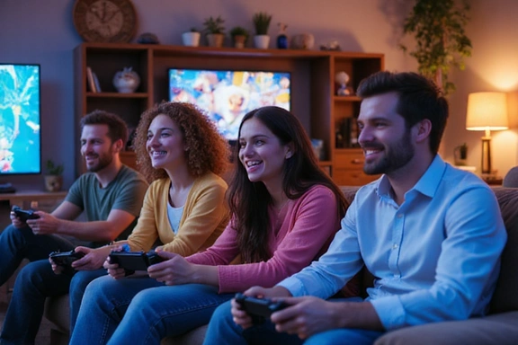 Un groupe de gamers diversifiés et souriants jouant ensemble dans un salon moderne.