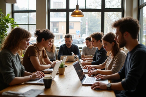 Un café animé avec des ordinateurs portables et des discussions, suggérant un environnement de travail collaboratif et créatif.