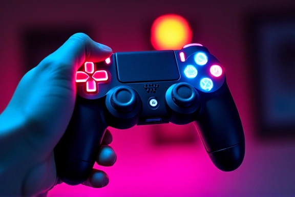 Une main tenant une manette de jeu stylisée avec des lumières néon, symbolisant la passion pour le gaming.